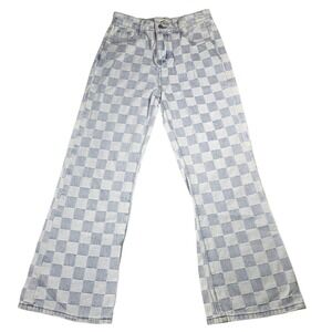 Kollyy Womens Light Wash Checkered Wide Leg Jeans Blue Size L High Waisted Denim
